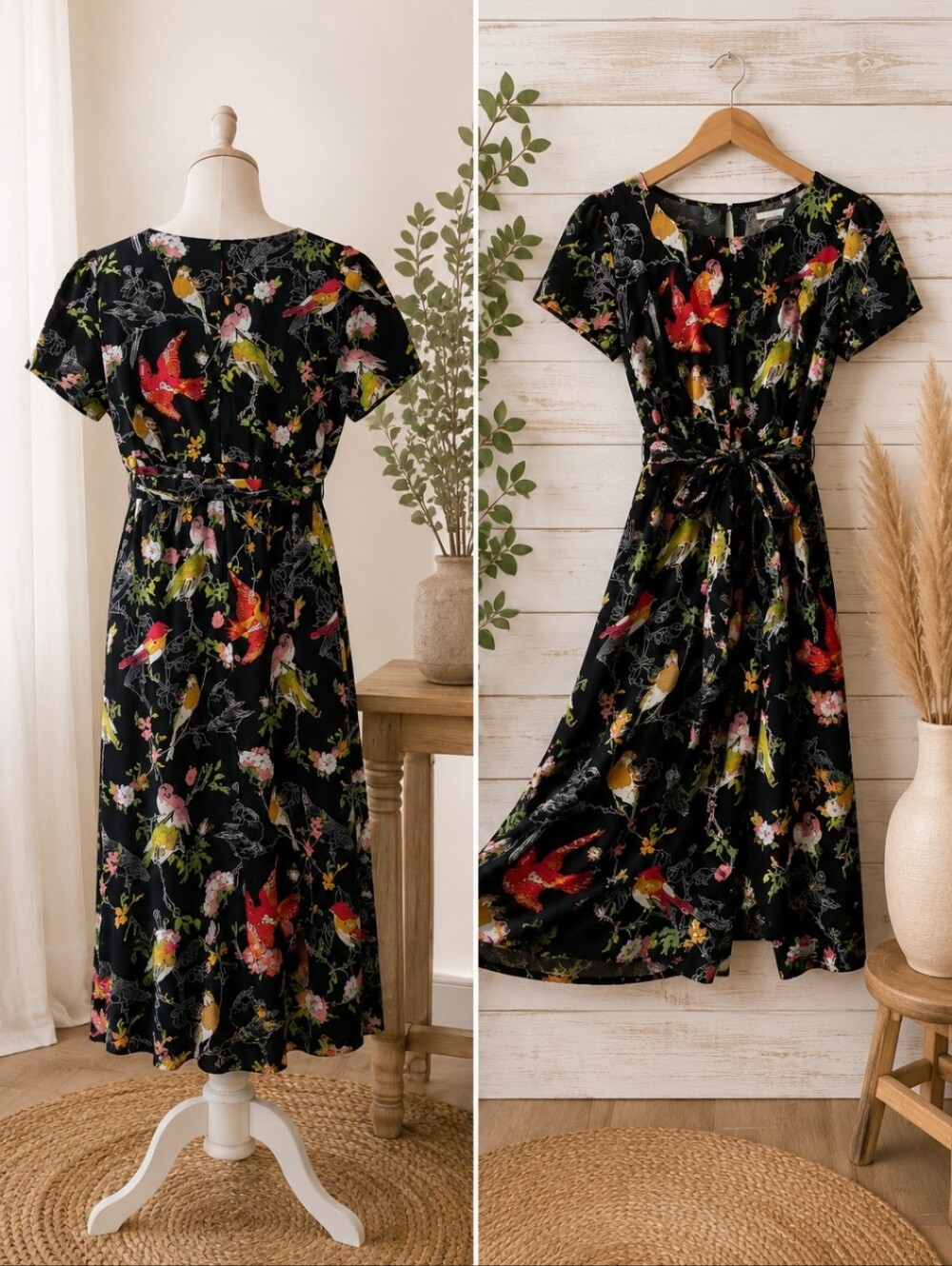Motherhood Maternity ~ Floral Bird Print Tie-Waist Midi Dress ~ Small